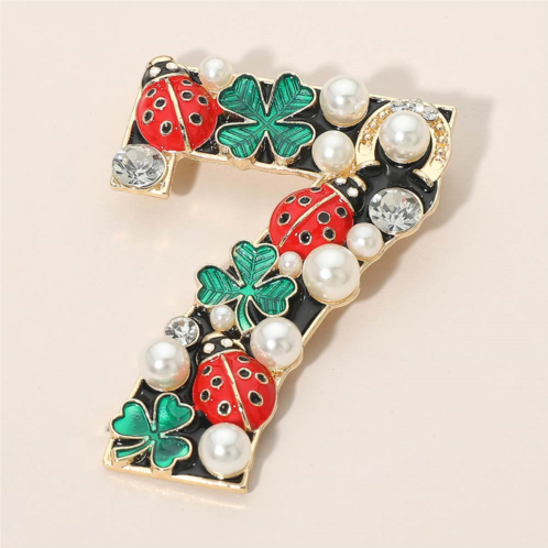 FASHNZFAB pearl clover ladybug embellished lucky number seven pin brooch