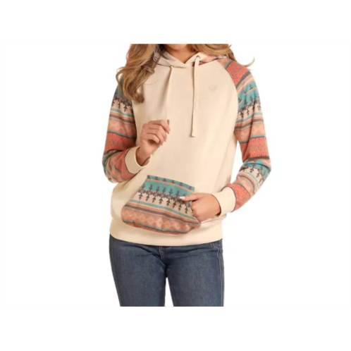 Rock & Roll Denim contrast sleeve hoodie in cream turquoise