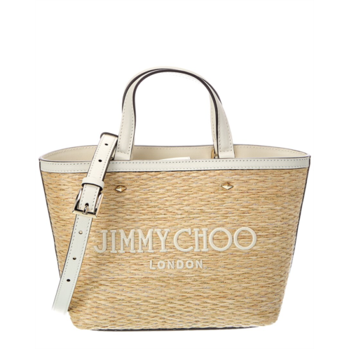 jimmy choo marli mini lurex raffia & leather tote