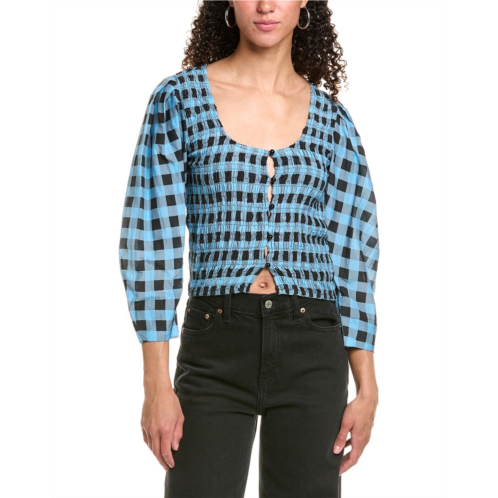 GANNI smocked silk-blend blouse