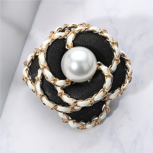 FASHNZFAB pearl pointed faux leather chain trim tweed flower pin brooch hair clip