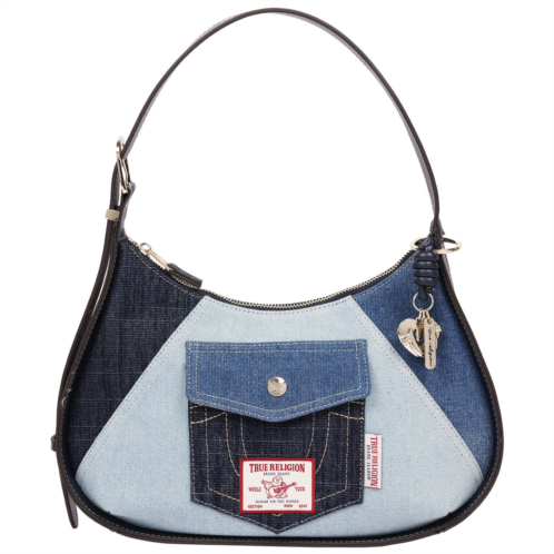 True Religion color block denim zip top hobo bag with signature pocket detail
