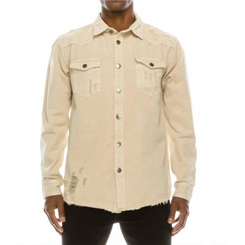 Victorious long sleeve button up distressed denim jean jacket in sand