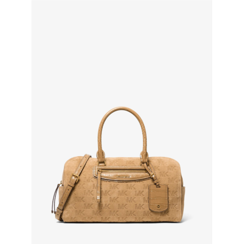 Michael Kors jet set travel medium logo embossed suede duffel crossbody bag