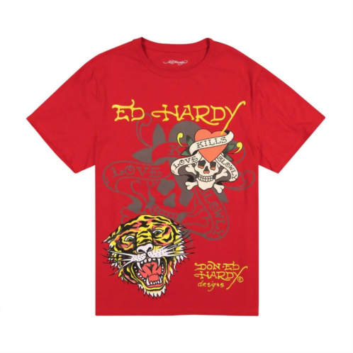 Ed Hardy mens tiger skull multi tattoo tee in red
