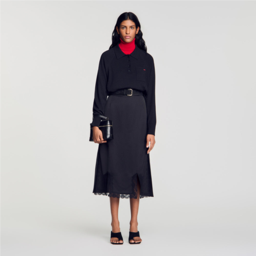 Sandro midi mixed-material lace skirt