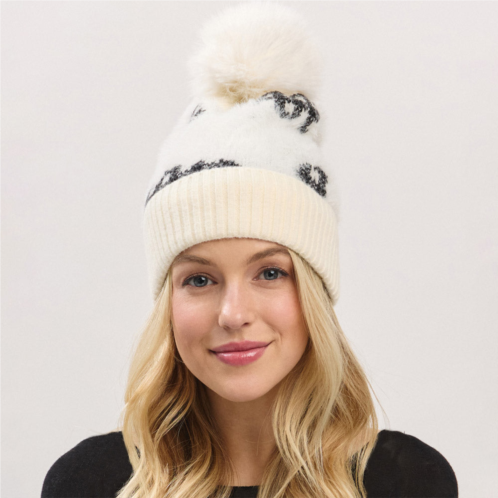 FASHNZFAB paid pattern faux fur mixed fleeced pom pom winter beanie hat