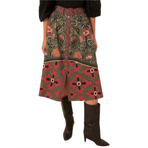 FARM Rio arabesque floral green buttons midi skirt