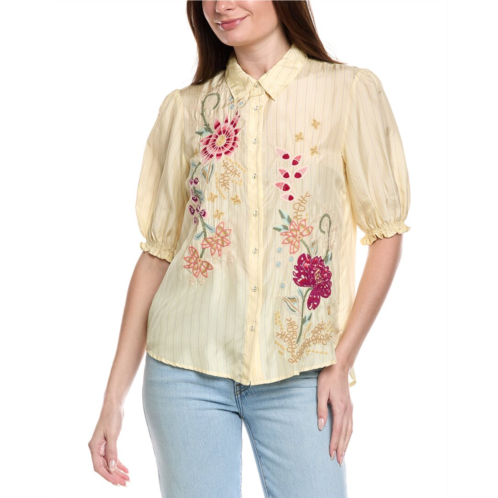 Johnny Was smocked lisbon silk shirt