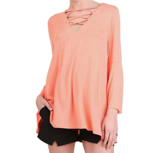 Umgee crossed neck bell sleeve tunic in coral