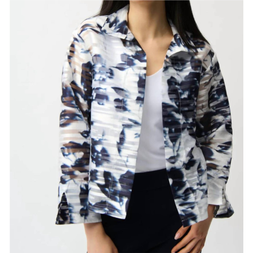 Joseph Ribkoff jacquard organza floral print trapeze jacket with stand collar in vanilla/midnight blue