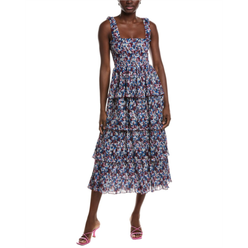GANNI pleated georgette flounce smock midi dress