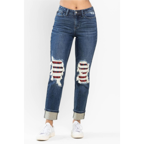 Judy Blue “charlotte” midrise buffalo plaid patch destroyed boyfriend jeans in Blue