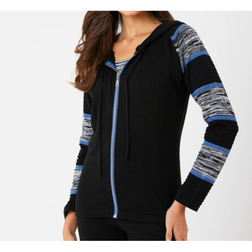 French kyss womens stripe sleeve zip up hoodie in black denim