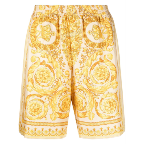 VERSACE beige and yellow silk barocco print shorts