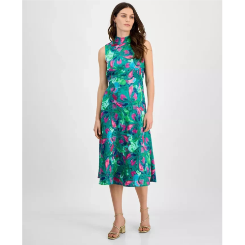 Tahari ASL womens midi dress jade rose print lined sleeveless mock neck fts1429