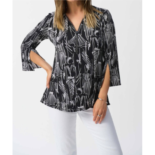 Joseph Ribkoff sketch print zip front tunic top in black/vanilla