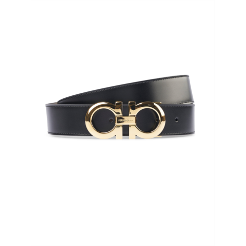 FERRAGAMO black leather belt with polished gold-tone buckle