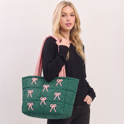 FASHNZFAB bow embroidery embellished quilted shoulder tote bag