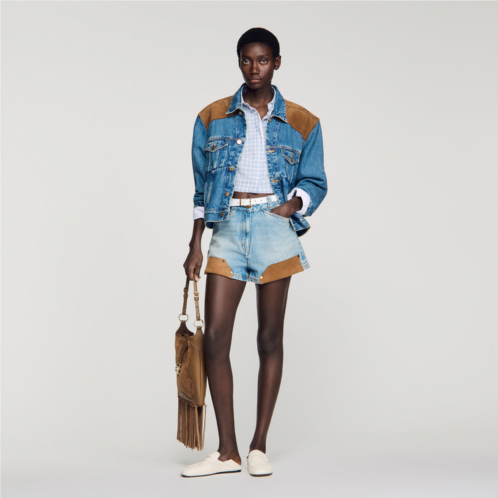 Sandro riveted denim and suede shorts