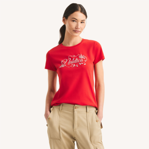 Nautica womens script logo metallic puff graphic t-shirt