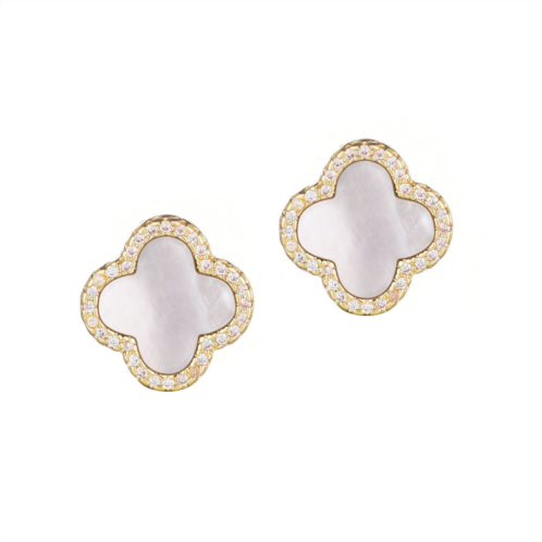 Adornia 14k gold plated mother of pearl halo cz clover stud earrings