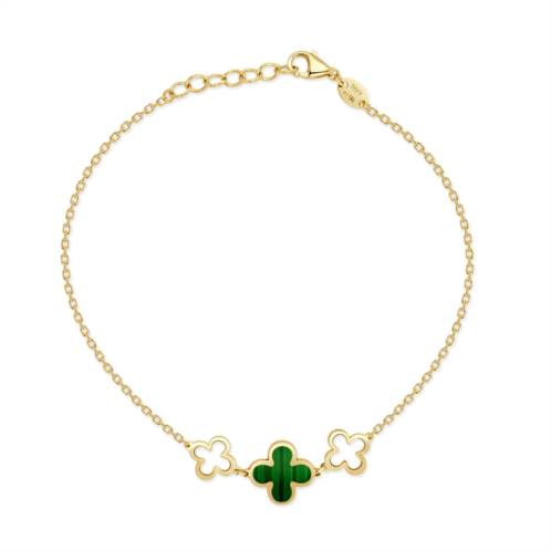 Italian Gold 14k yellow Gold alternating clover & open clover bracelet 3 stations - malachite