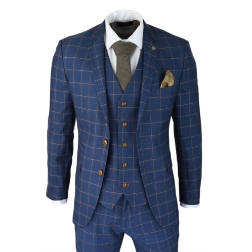 Oliver Tweed mens 3 piece suit blue gold check peaky blinders 1920 gatsby smart vintage suit