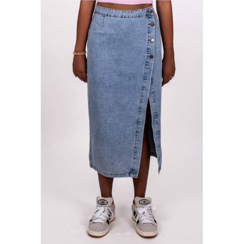 MABLE crossover waist denim midi skirt in light blue