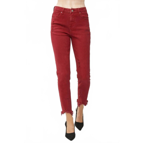 RISEN high rise fray hem skinny jeans in red
