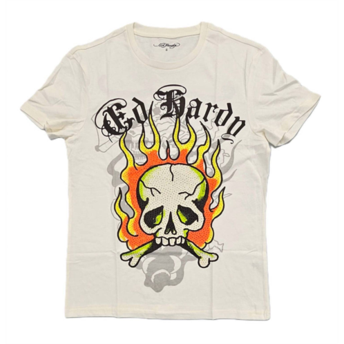 Ed Hardy mens flame skull rhinestone short sleeve tee in ivory