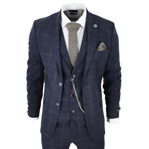 Oliver Tweed mens 3 piece wool suit navy blue Tweed check peaky blinders 1920 gatsby formal