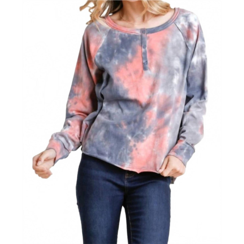Umgee womens tie dye henley top in pink