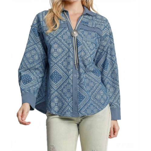 Umgee paisley print shirt jacket in denim blue