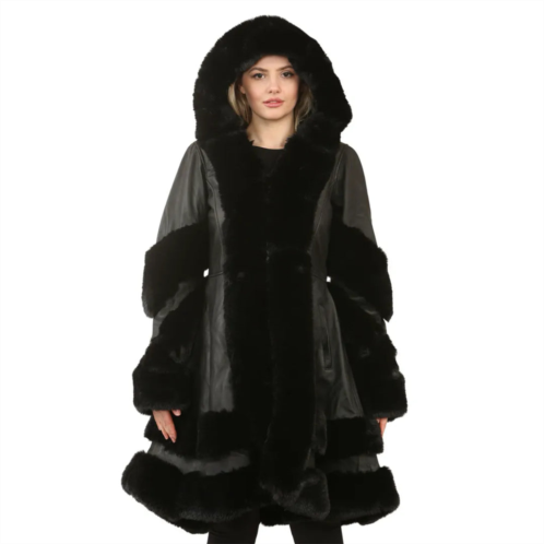 TruClothing black flared hooded leather cape coat