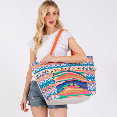 FASHNZFAB boho print pom pom fringe tote bag