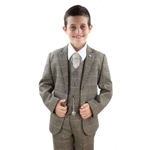 Oliver Tweed boys 3 piece tan brown herringbone Tweed check classic suit