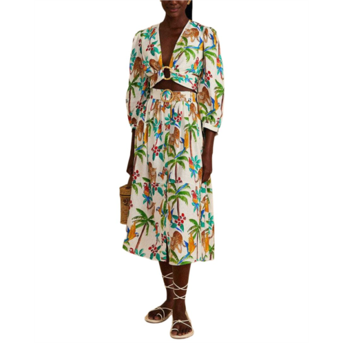 FARM Rio linen-blend tropical paradise midi skirt