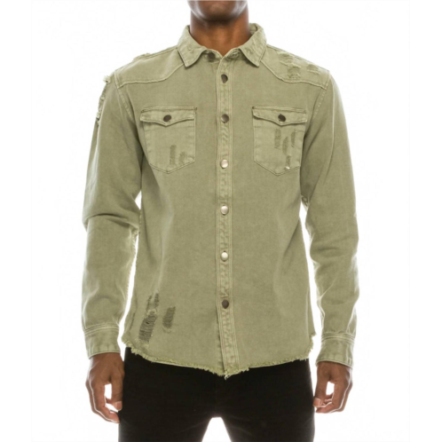Victorious long sleeve button up denim jean shirt jacket in olive