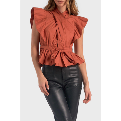 ELAN wrap top with flutter pleated sleeve in rust
