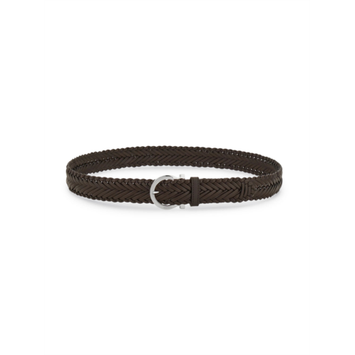 FERRAGAMO braided leather belt with rounded silver buckle
