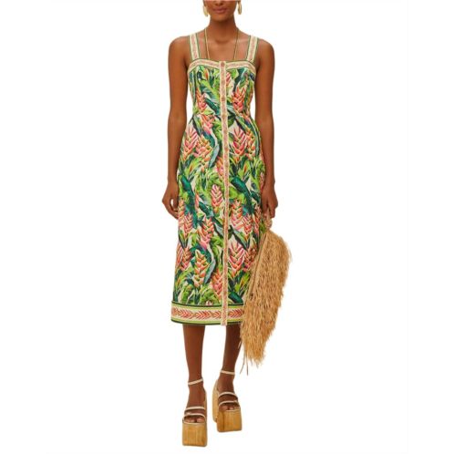 FARM Rio linen heli leaves pearl midi dress