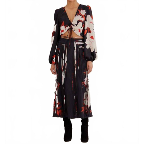 FARM RIO long sleeve beaded tassle blouse in black peony