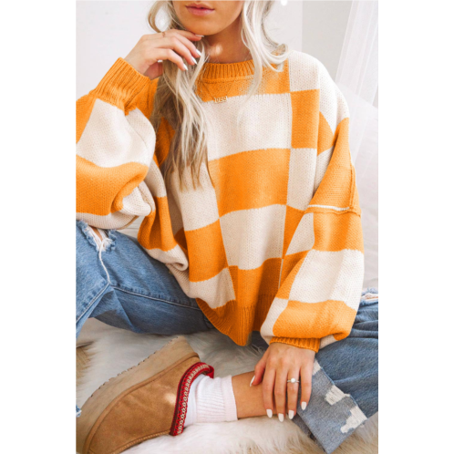 TRUEDAMES orange checkered bishop sleeve sweater