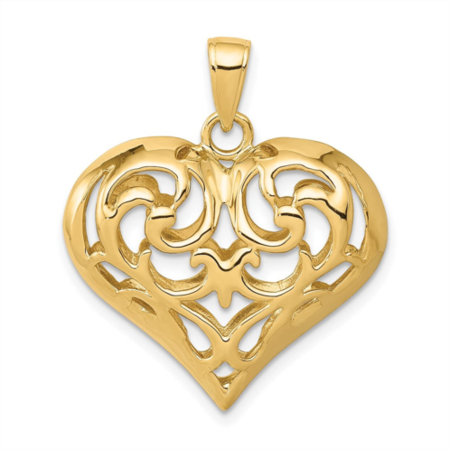 Diamond2Deal 14k yellow gold polished 3-d filigree puffed heart pendant