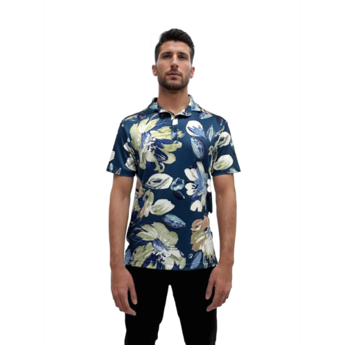 24seven Comfort Apparel mens wrinkle resistant 3 button machine washable blue floral polo shirt