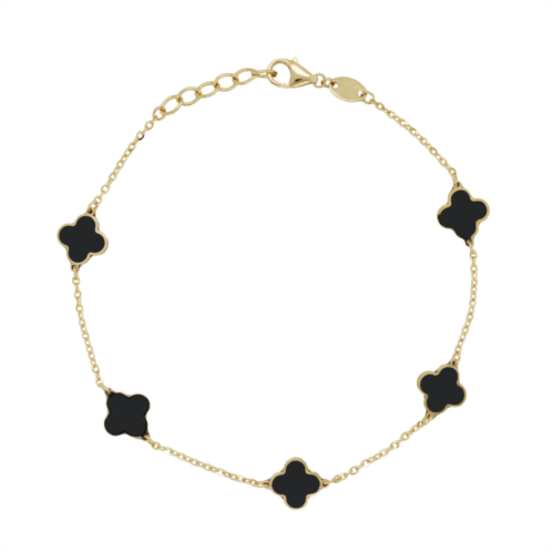 Italian Gold 14k yellow Gold station clover bracelet-onyx