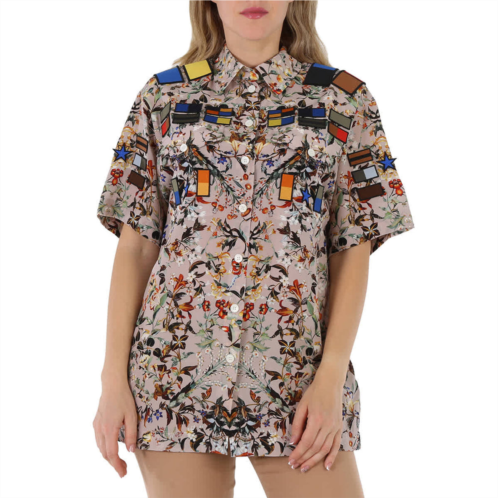 Burberry badge appliques iris floral-print silk crepe de chine oversized shirt