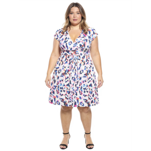 24seven Comfort Apparel plus size animal v neck cap sleeve knee length a-line pocket dress