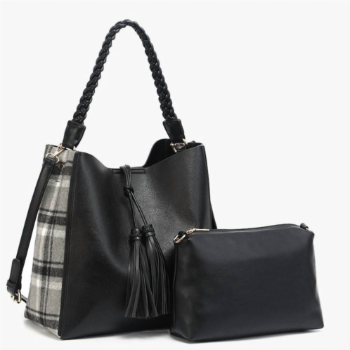 Jen & Co. womens dina plaid contrast tote with tassel and removable pouch in black /grey